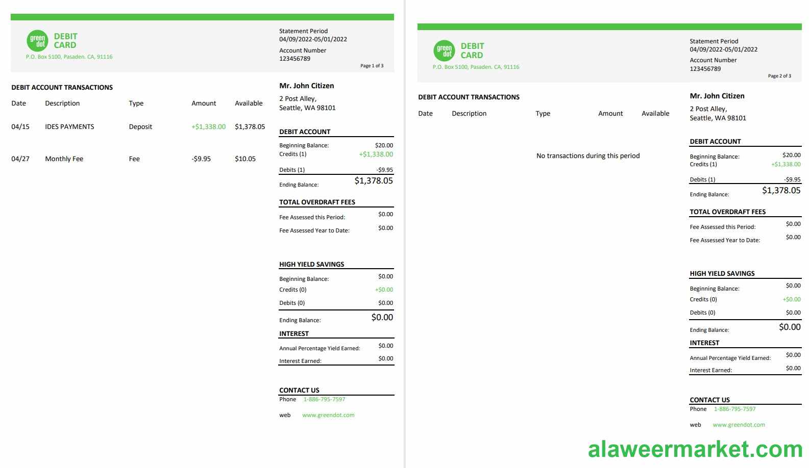 USA Green Dot bank statement, 3 pages